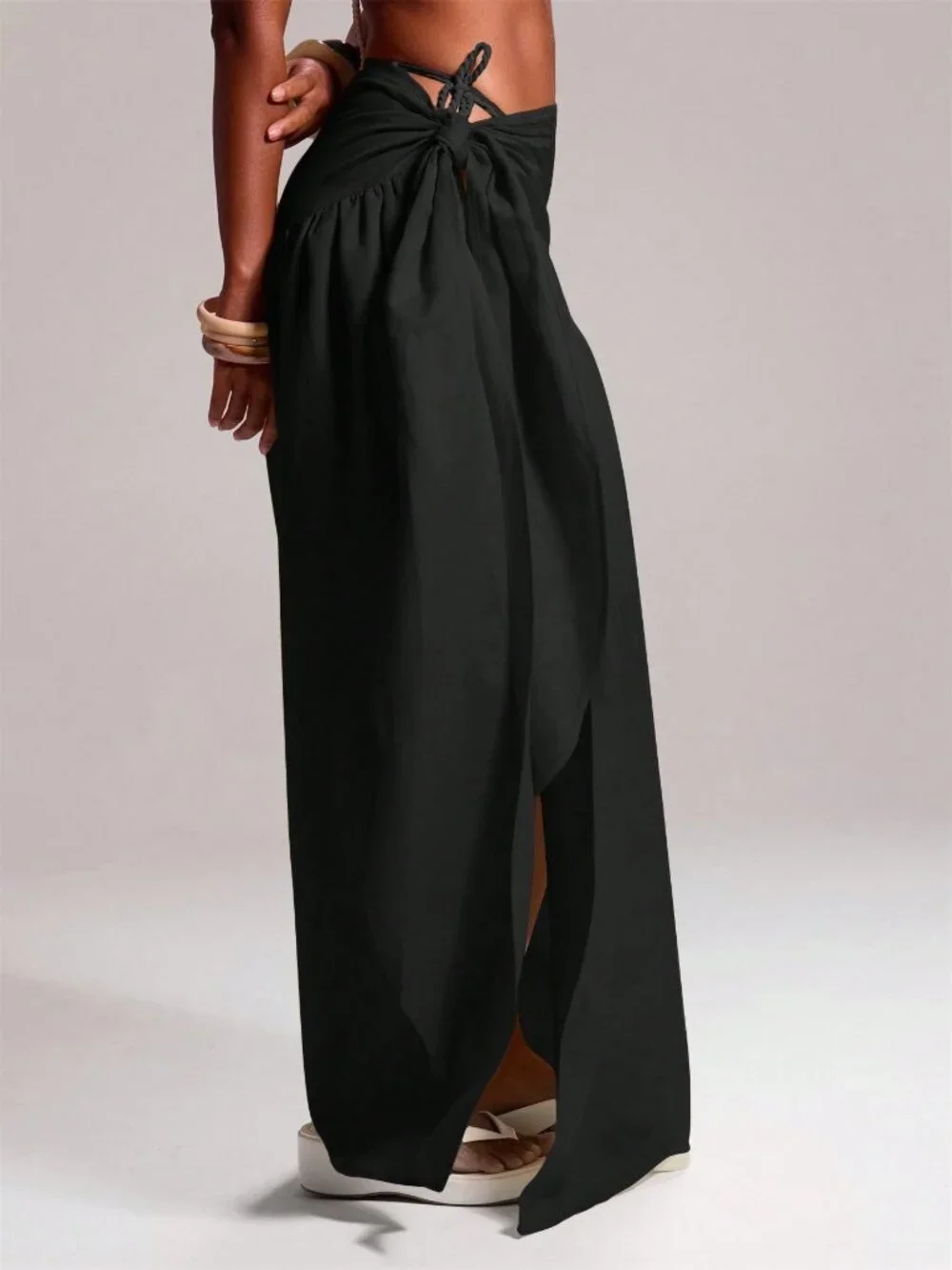 Black Sexy Women's Tie Side Low Rise Cover Up Maxi Skirt
